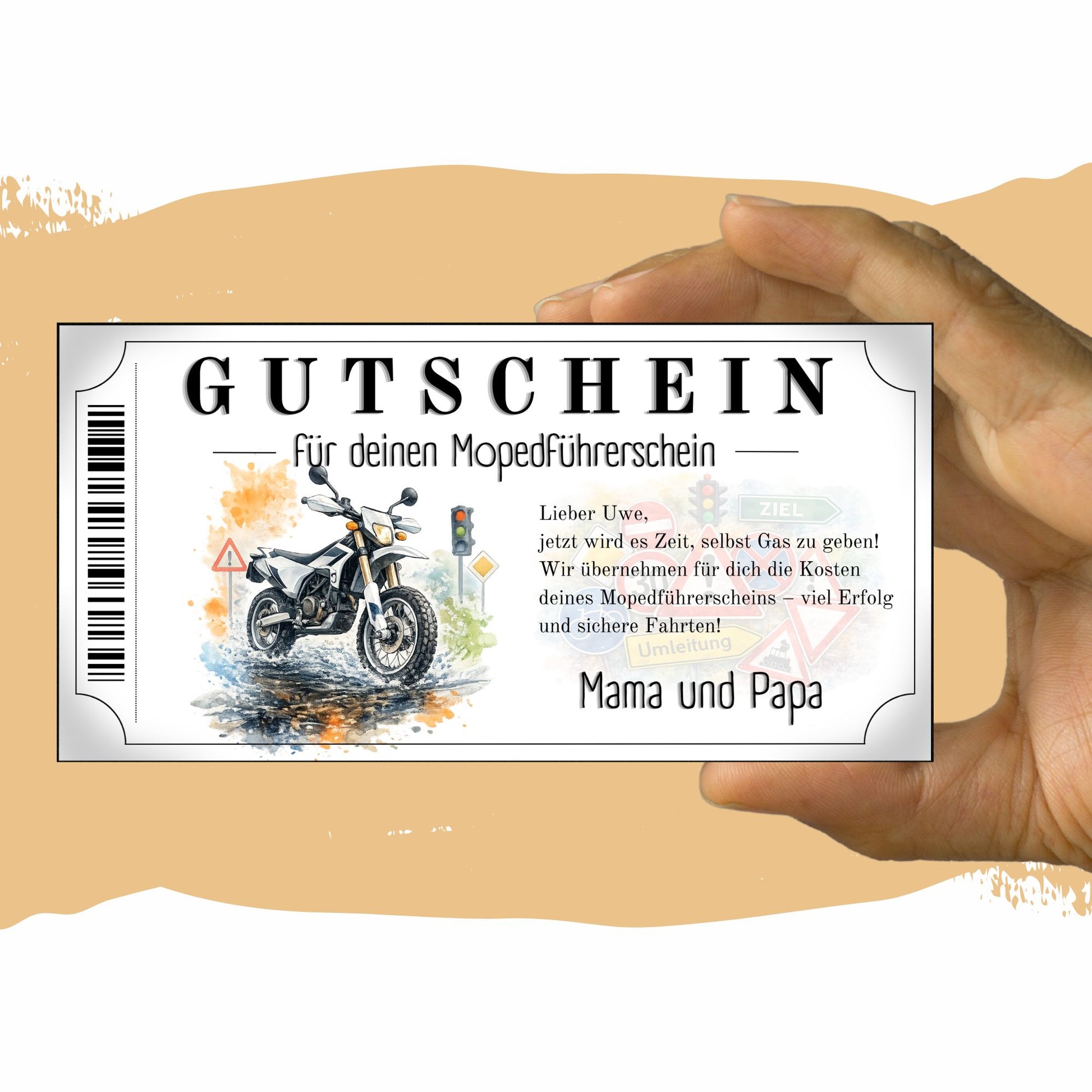 Gutschein Mopedführerschein Enduro Motorrad Aquarell mit Farbspritzern und Barcode