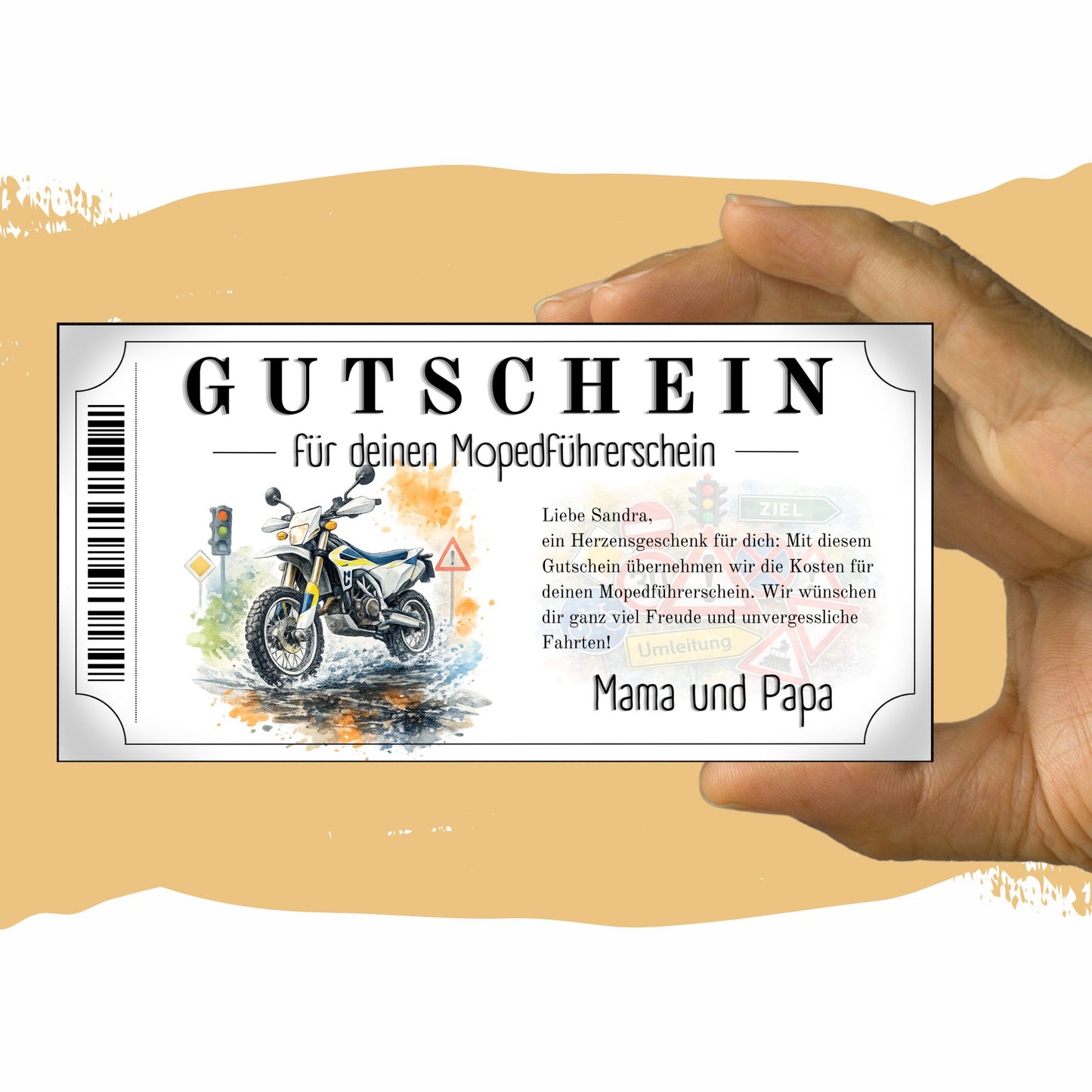 Gutschein Mopedführerschein Enduro blau-weiß Aquarell mit Farbspritzern und Barcode