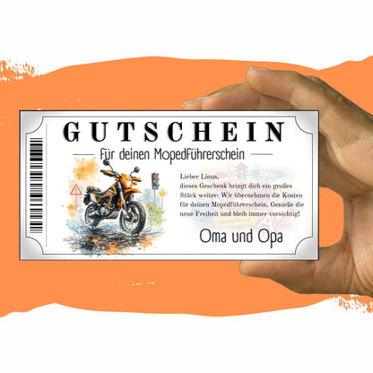 Gutschein Mopedführerschein Enduro orange Aquarell mit Farbspritzern und Barcode