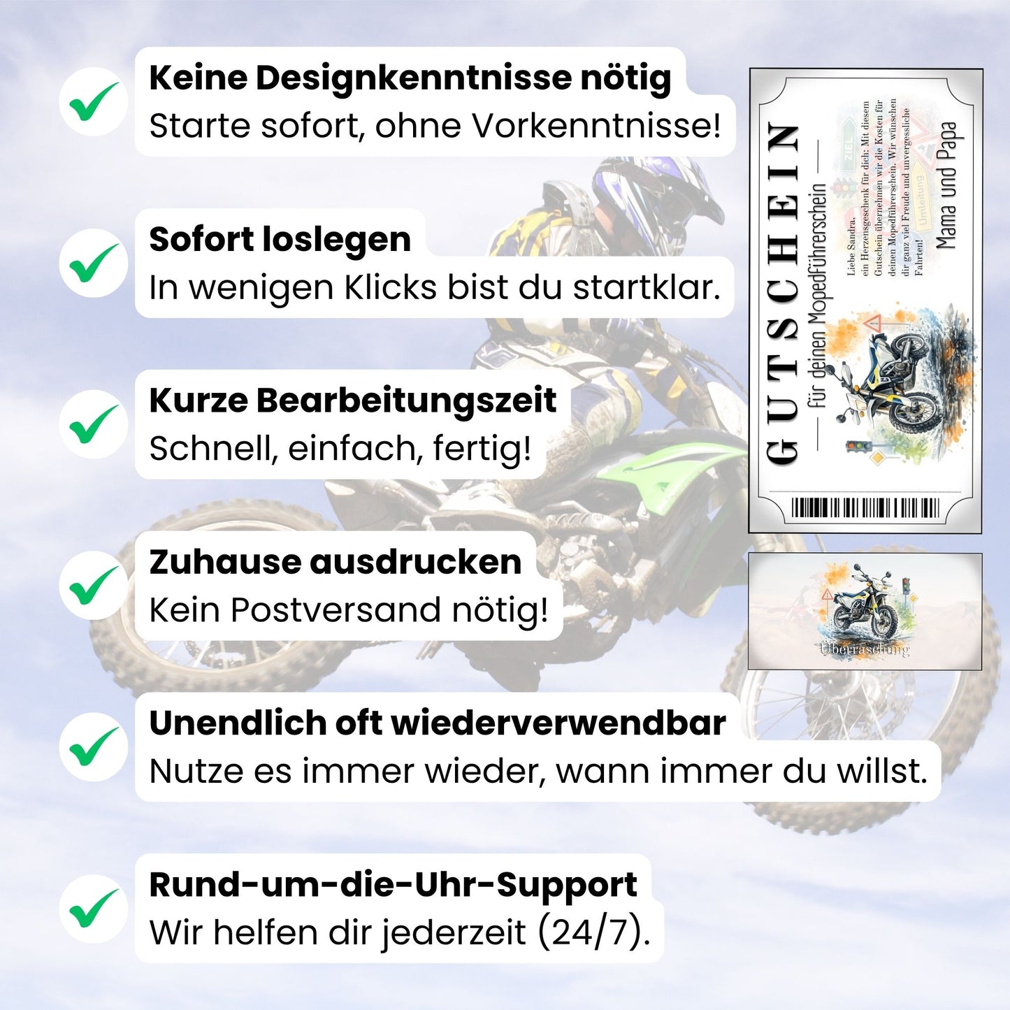 Digitaler Mopedführerschein Gutschein Herzensgeschenk blau-weißes Enduro-Design