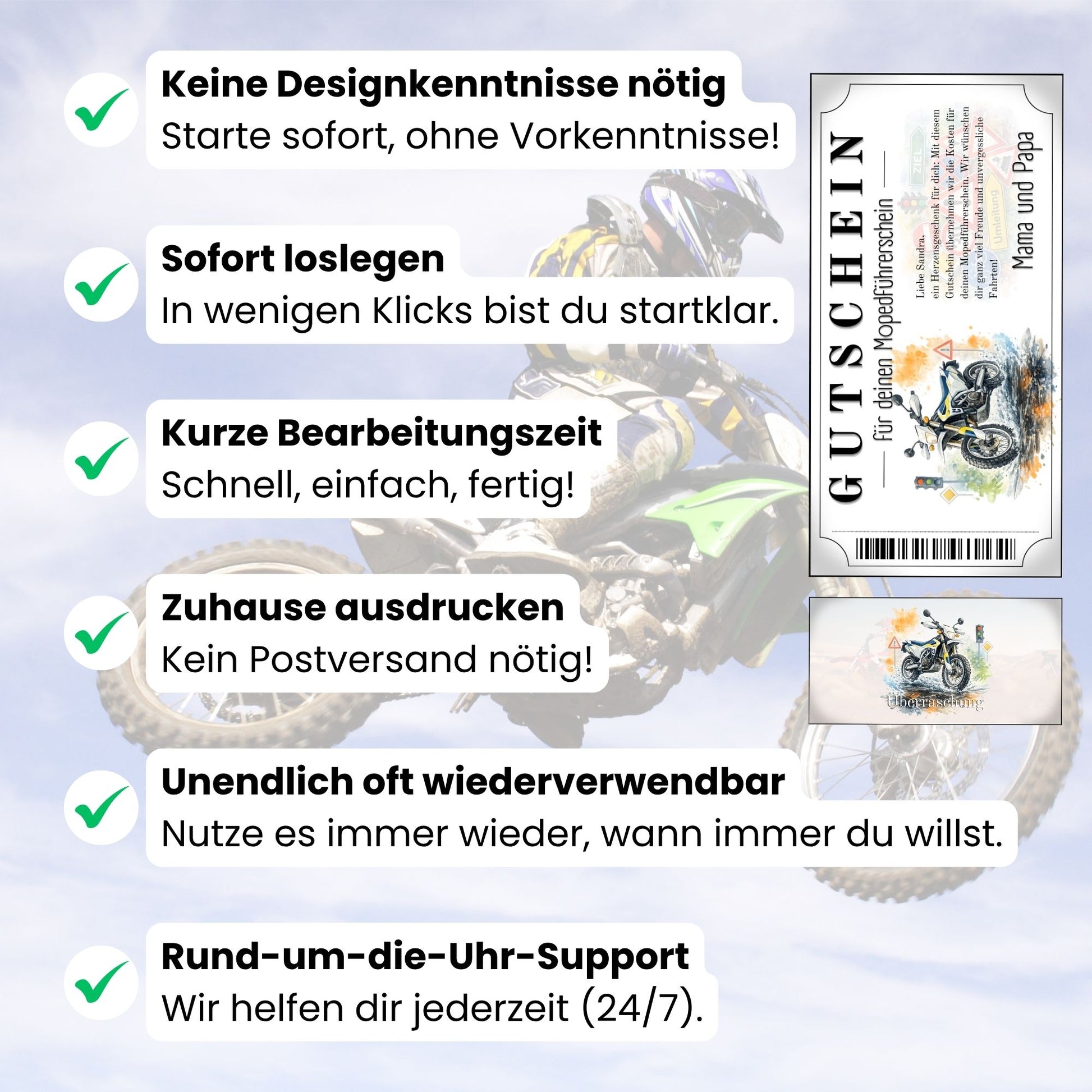 Digitaler Mopedführerschein Gutschein Herzensgeschenk blau-weißes Enduro-Design