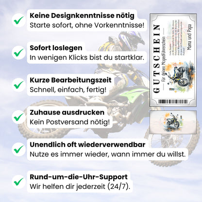 Digitaler Mopedführerschein Gutschein Herzensgeschenk blau-weißes Enduro-Design