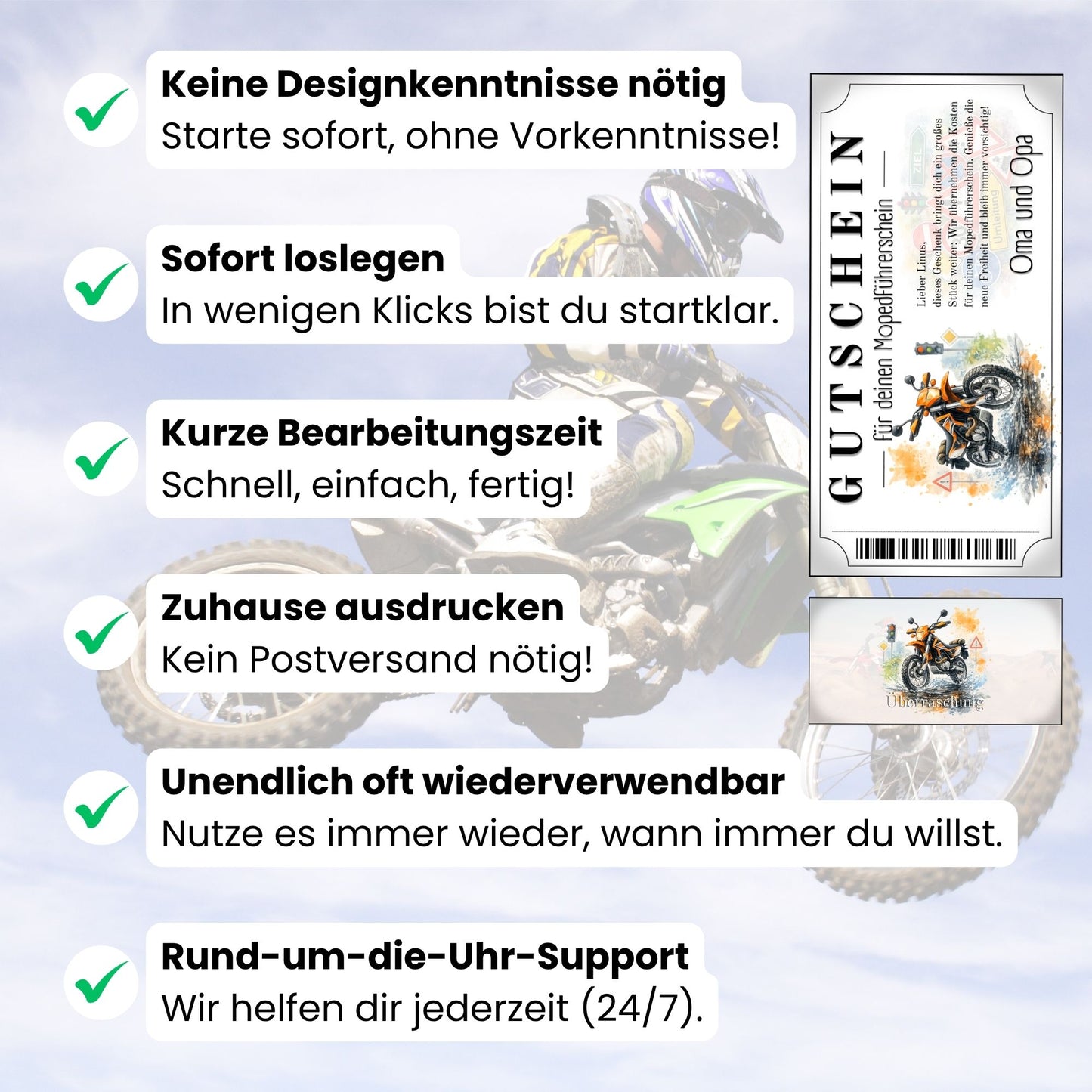 Digitaler Mopedführerschein Gutschein Enduro Orange selbst personalisieren