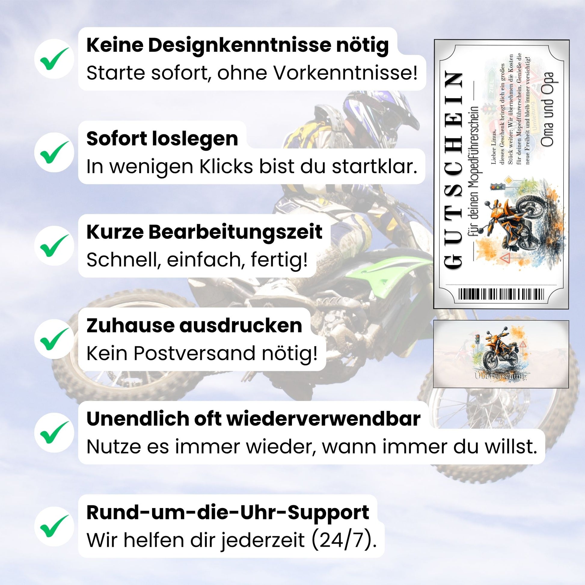 Digitaler Mopedführerschein Gutschein Enduro Orange selbst personalisieren
