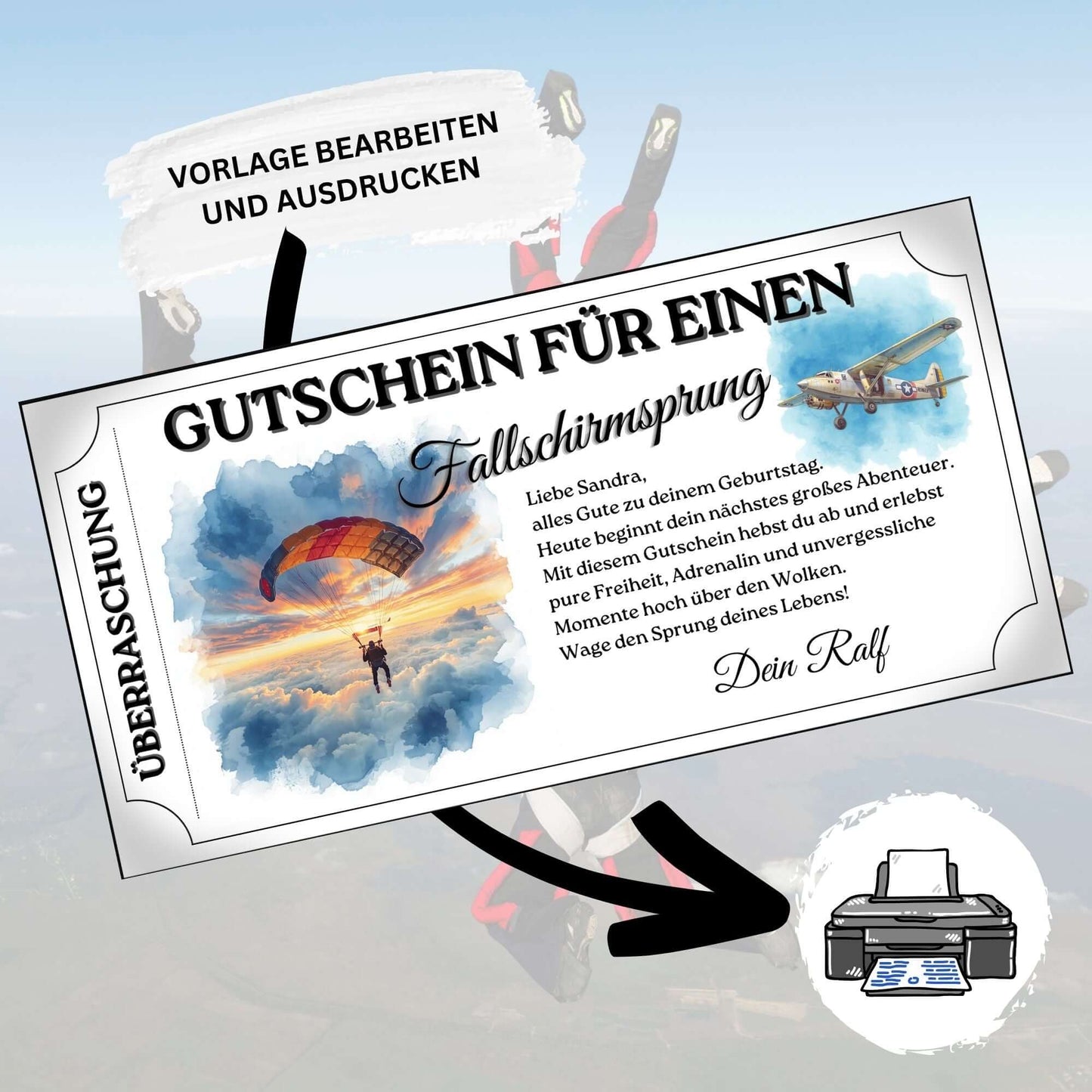 Erlebnisgutschein Fallschirmspringen mit detailliertem Propellerflugzeug und blauen Aquarell-Akzenten