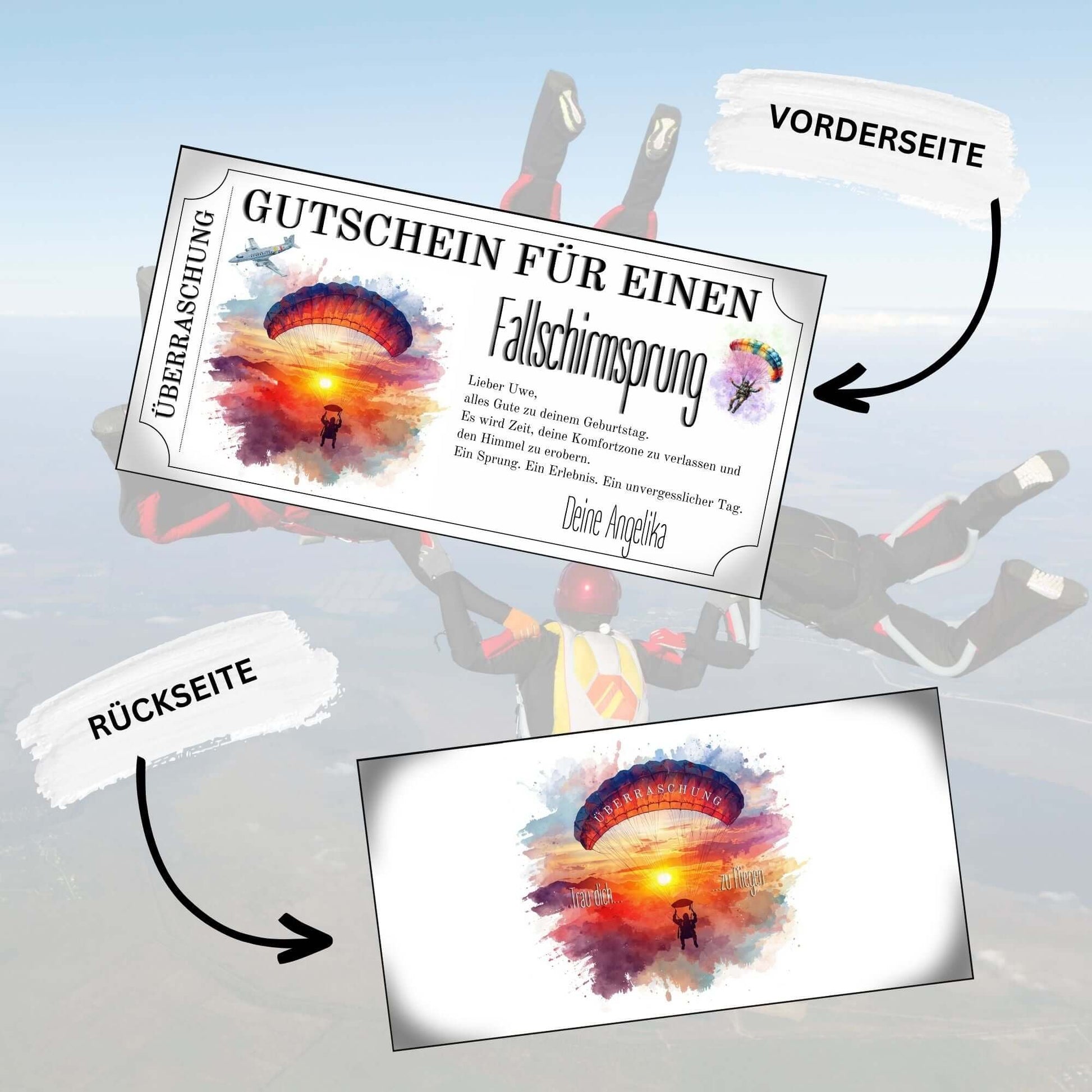 Personalisierter Erlebnisgutschein Fallschirmspringen mit orangefarbenem Abendhimmel