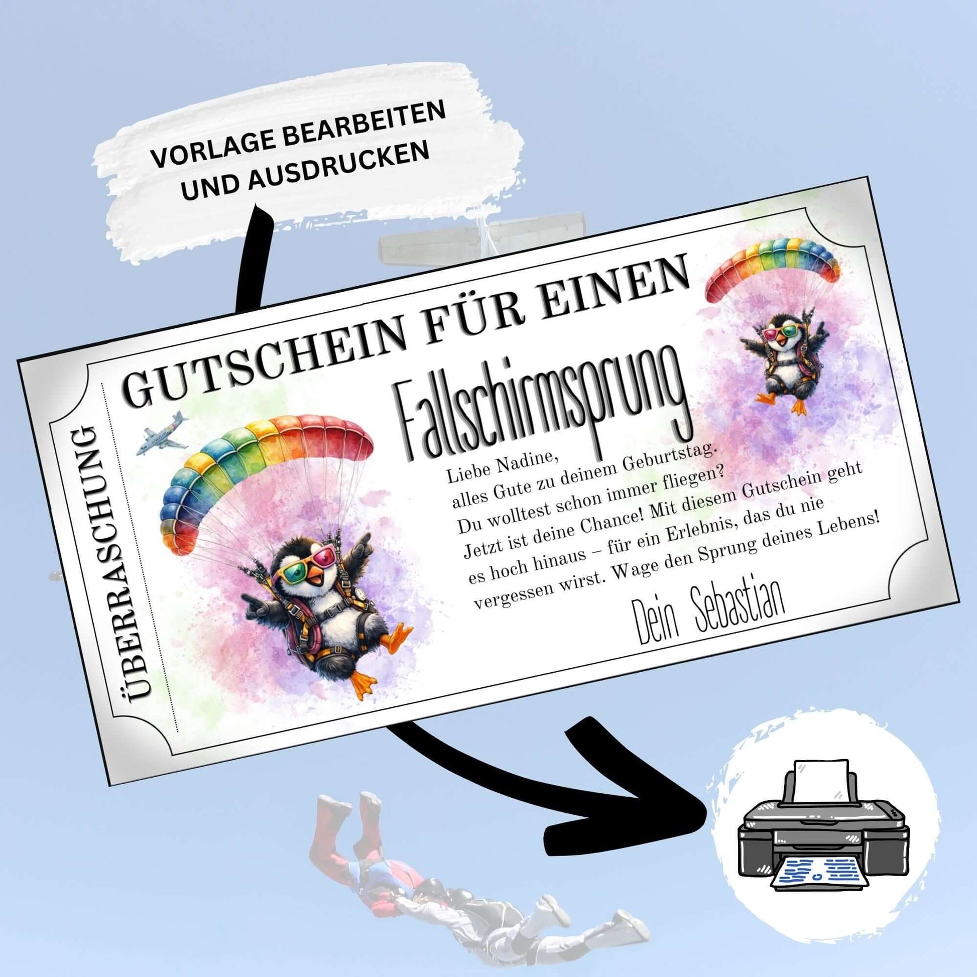Digitaler Erlebnisgutschein Skydiving lustig mit zwei Cartoon-Pinguinen und Propellerflugzeug