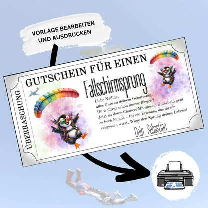 Digitaler Erlebnisgutschein Skydiving lustig mit zwei Cartoon-Pinguinen und Propellerflugzeug