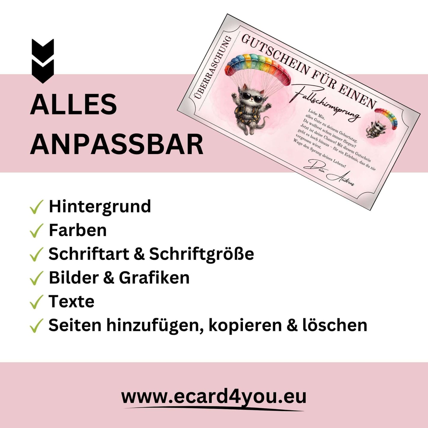 Humorvoller Fallschirmspringen Gutschein personalisiert mit Cartoon-Katze im Coupon-Format

