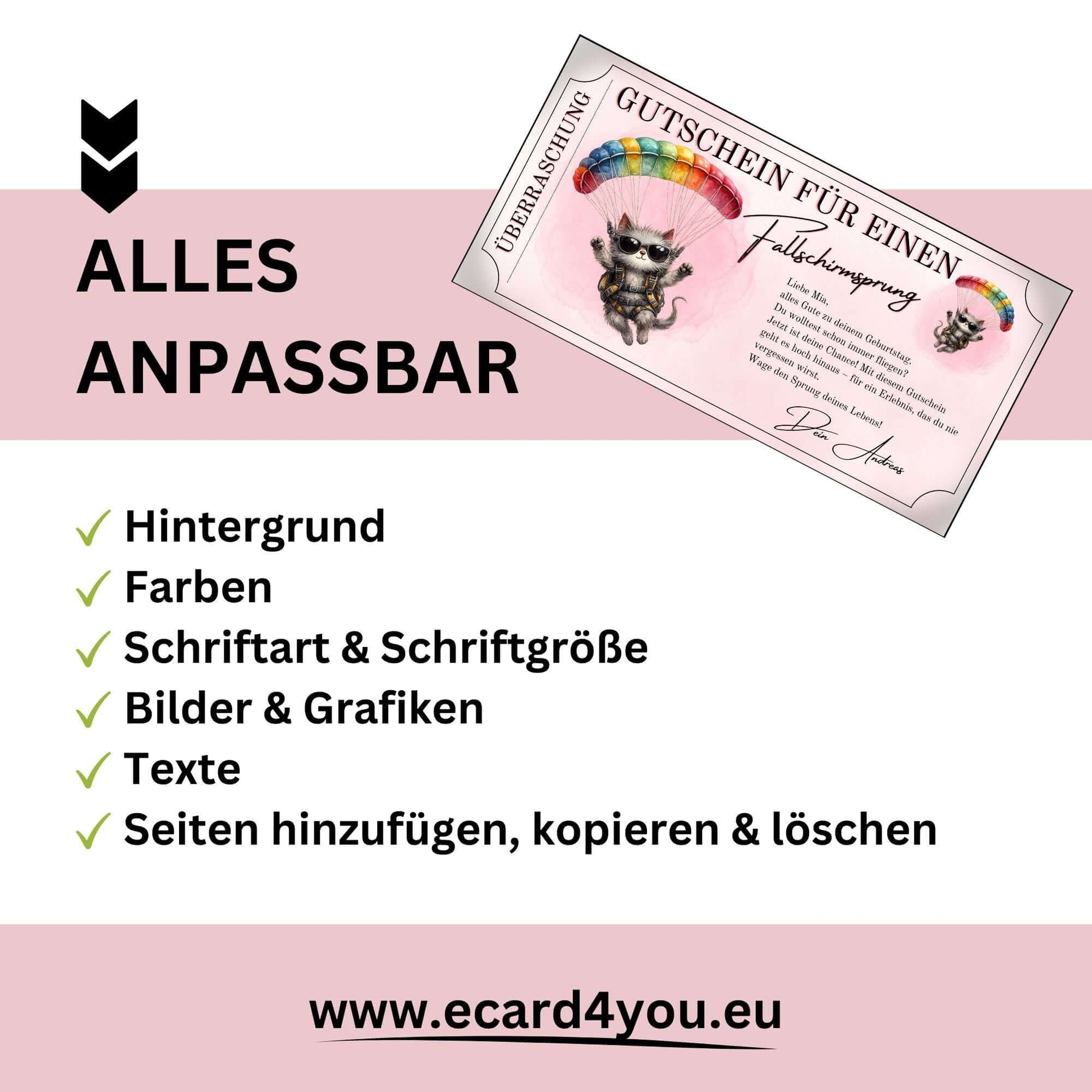 Humorvoller Fallschirmspringen Gutschein personalisiert mit Cartoon-Katze im Coupon-Format

