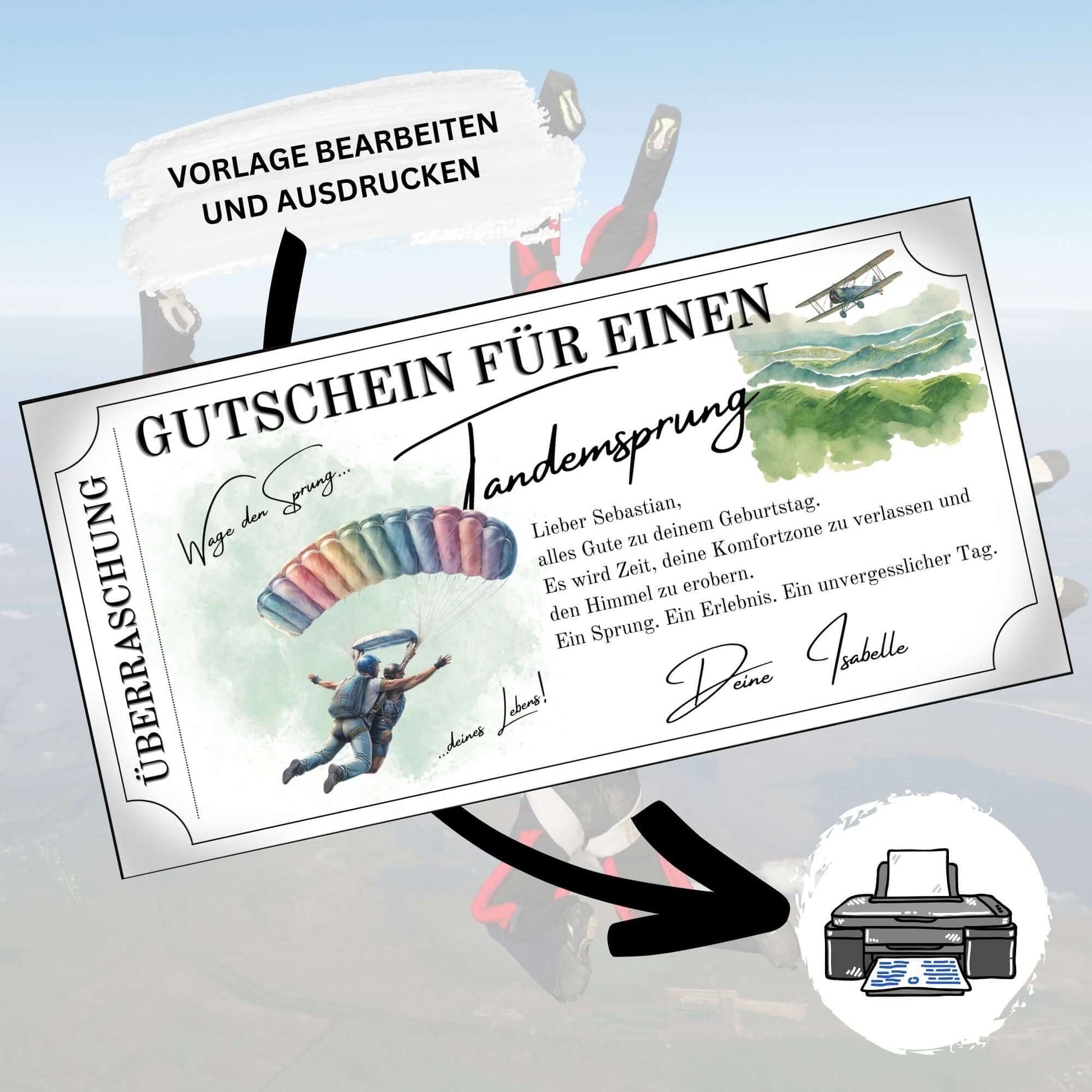 Tandemsprung Gutschein zum Ausdrucken mit personalisierbaren Elementen und Himmelshintergrund.