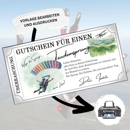Tandemsprung Gutschein zum Ausdrucken mit personalisierbaren Elementen und Himmelshintergrund.
