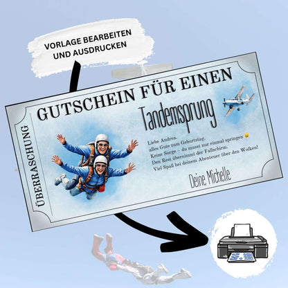 Skydiving Gutschein Vorlage mit zwei Springern in Helmen und Schutzbrillen im Ticket-Design