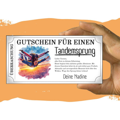 Erlebnisgutschein Tandemsprung personalisierbar mit realistischem Sprungfoto