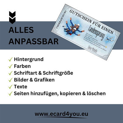 Digitaler Fallschirmspringen Gutschein mit realistischer Freefall-Illustration zum Ausdrucken