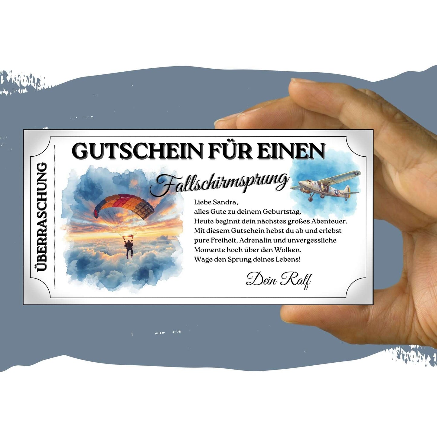 Skydiving Geschenkidee als druckbarer PDF-Gutschein im nostalgischen Coupon-Format