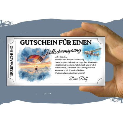 Skydiving Geschenkidee als druckbarer PDF-Gutschein im nostalgischen Coupon-Format