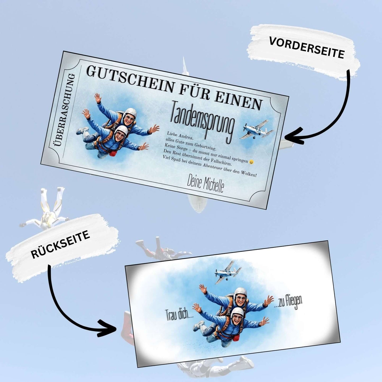 Personalisierter Tandemsprung Erlebnisgutschein mit Freefall-Motiv und strahlenden Gesichtern