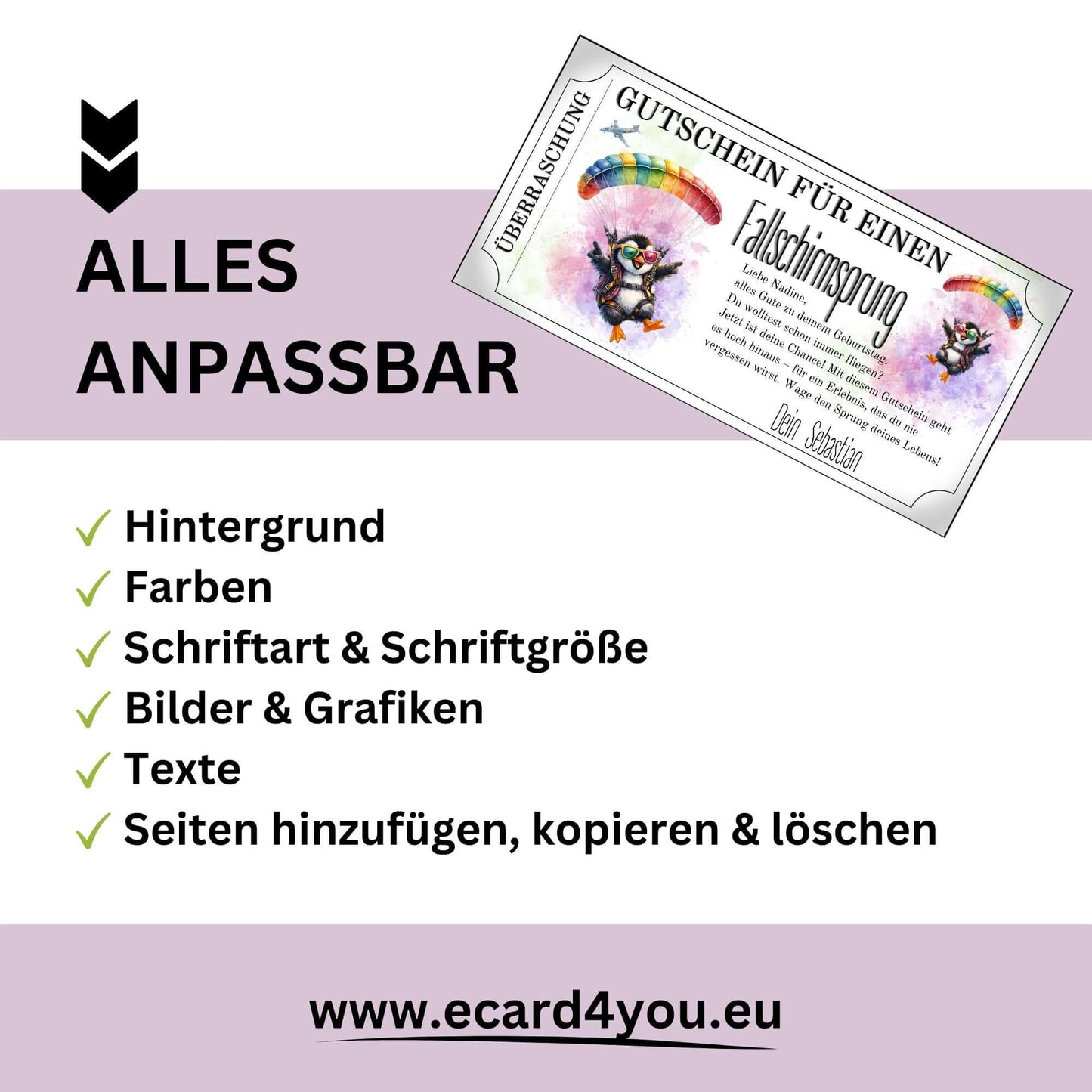 Humorvoller Fallschirmspringen Gutschein personalisiert mit Pinguin-Motiv im Coupon-Format