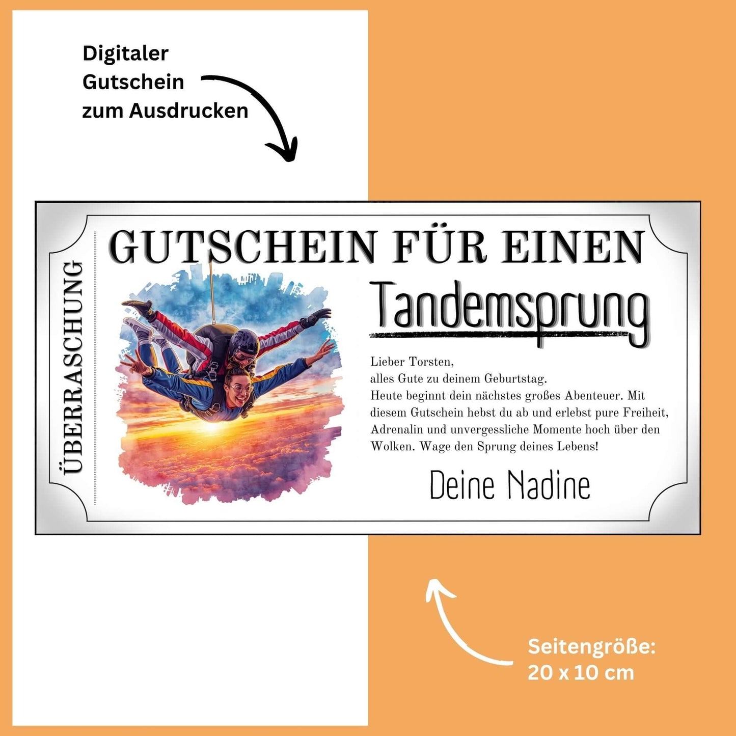 Fallschirmspringen Geschenkidee als druckbare PDF mit Freefall-Szene