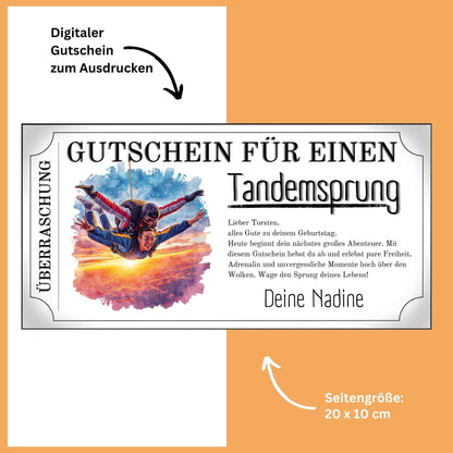 Fallschirmspringen Geschenkidee als druckbare PDF mit Freefall-Szene