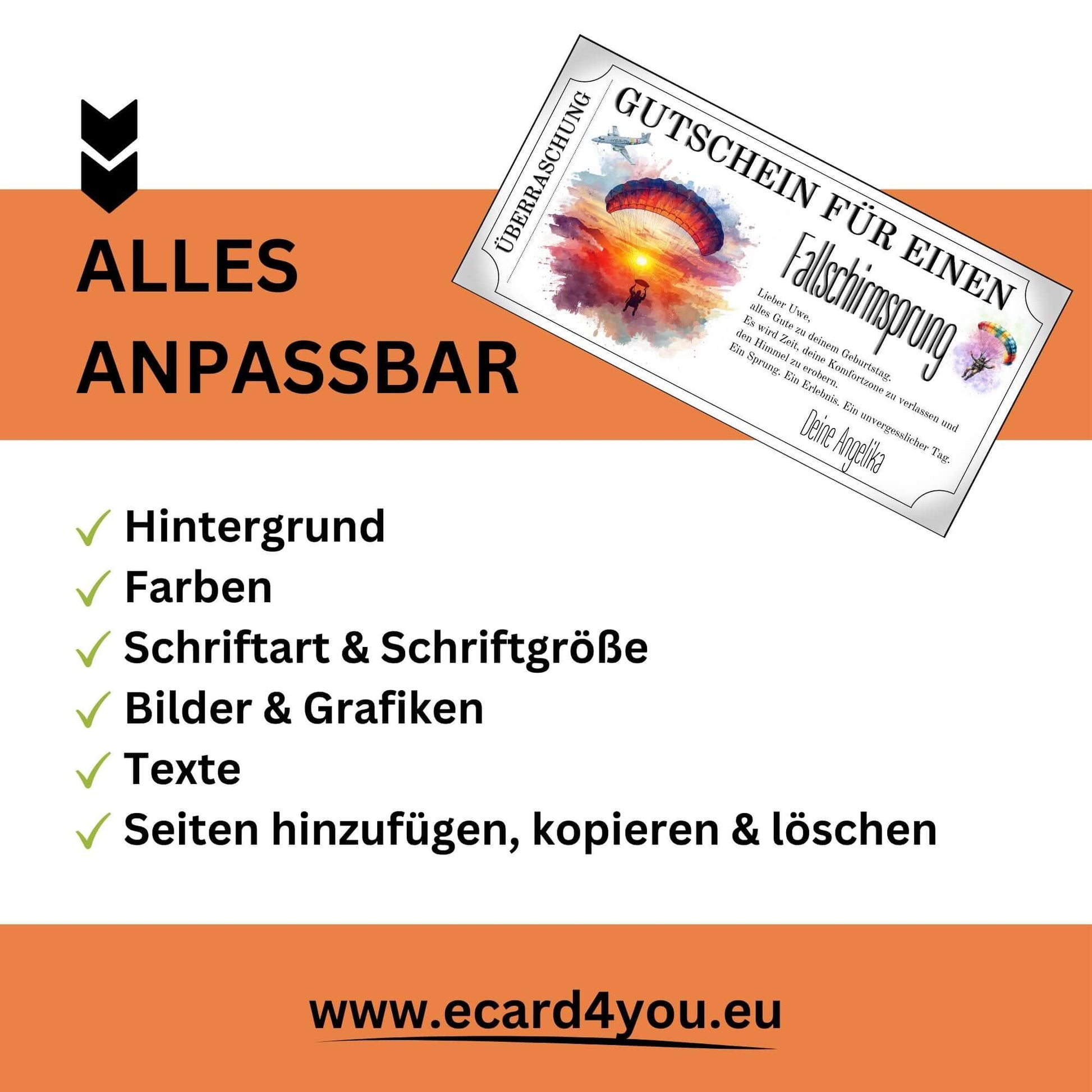 Abenteuer Erlebnisgutschein Fallschirmspringen mit warmem Farbverlauf in Rot und Orange