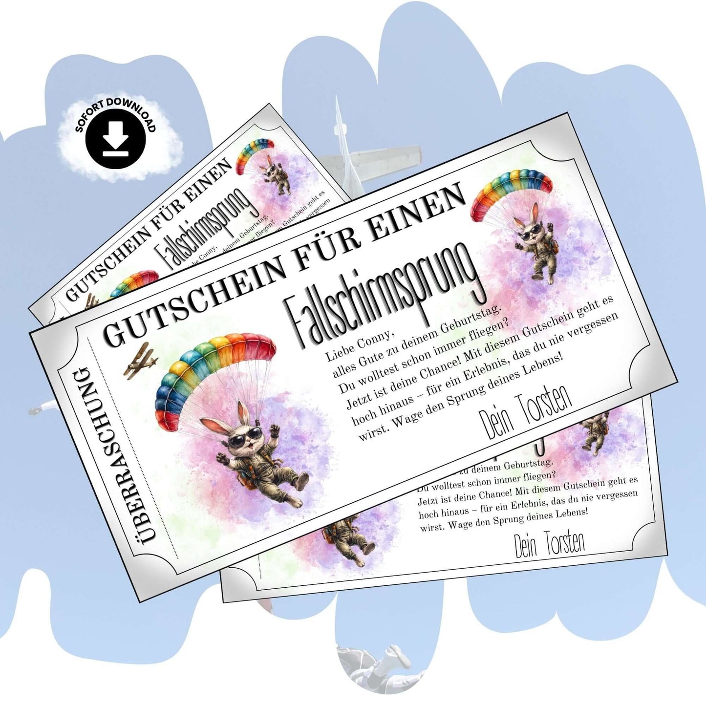 Witziger Fallschirmsprung Gutschein mit Cartoon-Hase und Sonnenbrille unter Regenbogen-Fallschirm