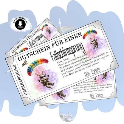 Witziger Fallschirmsprung Gutschein mit Cartoon-Hase und Sonnenbrille unter Regenbogen-Fallschirm