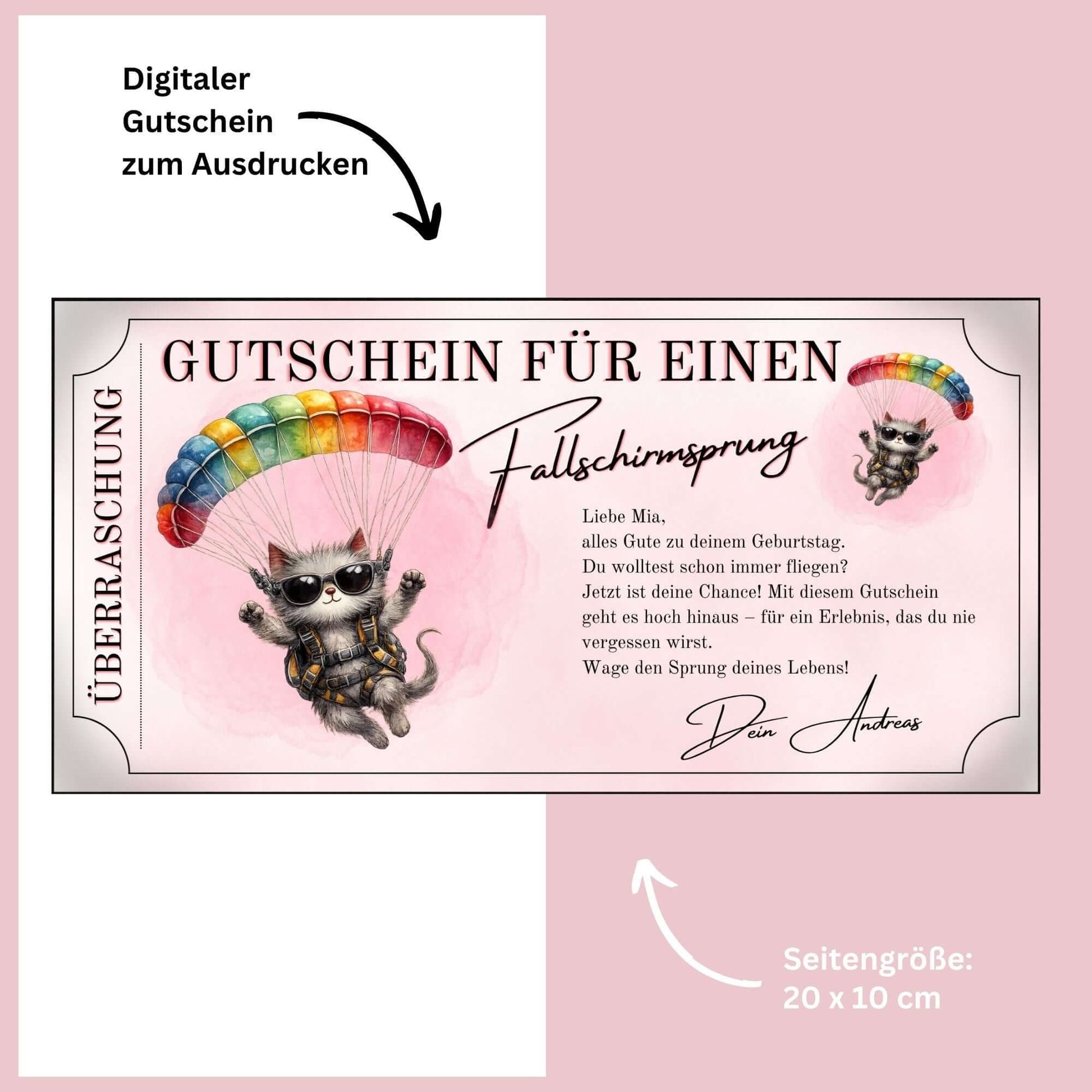 Gutschein Vorlage Fallschirmspringen witzig mit Katze in Sprungausrüstung im Ticket-Design
