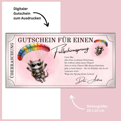 Gutschein Vorlage Fallschirmspringen witzig mit Katze in Sprungausrüstung im Ticket-Design
