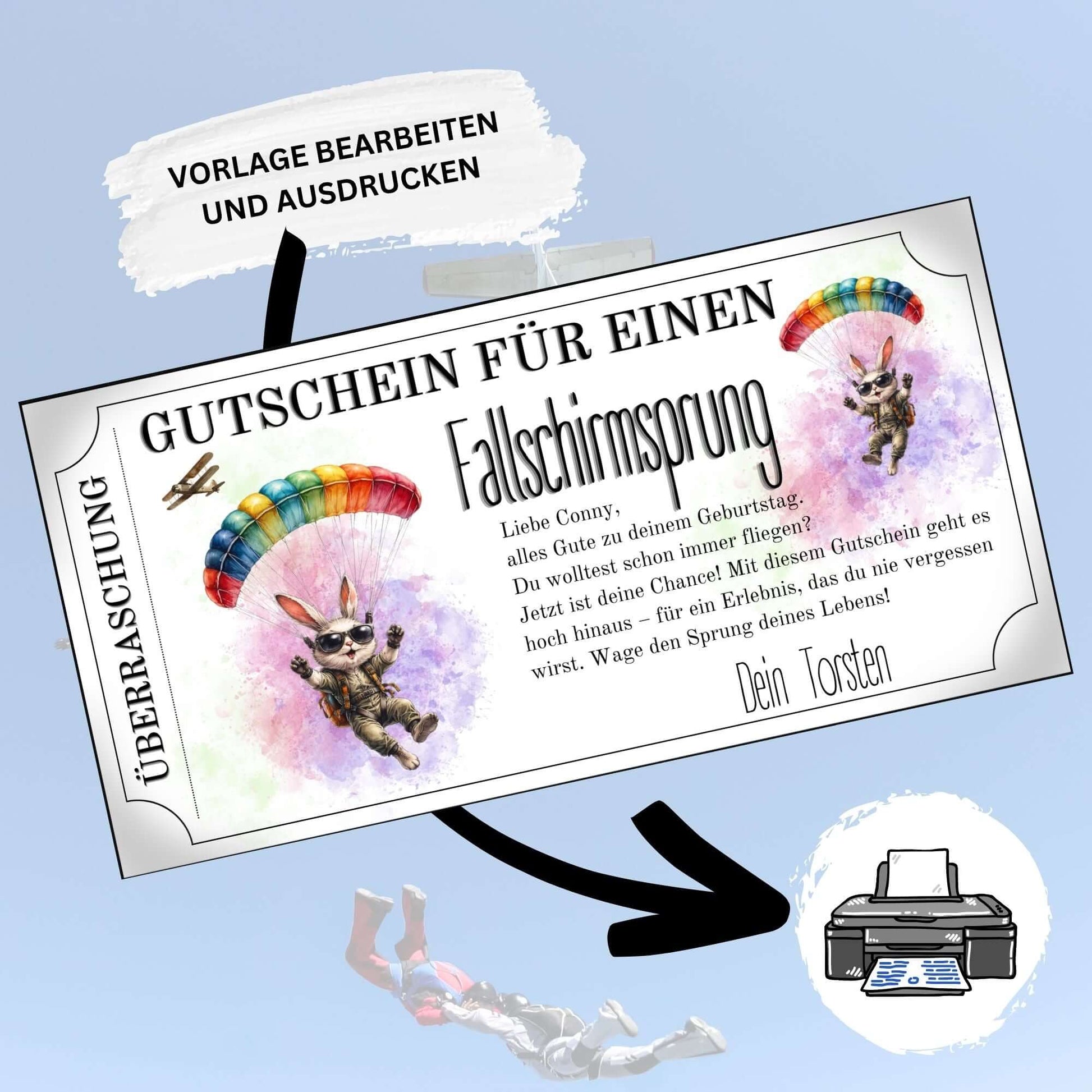 Digitaler Erlebnisgutschein Fallschirmsprung witzig mit zwei Cartoon-Hasen und Doppeldecker