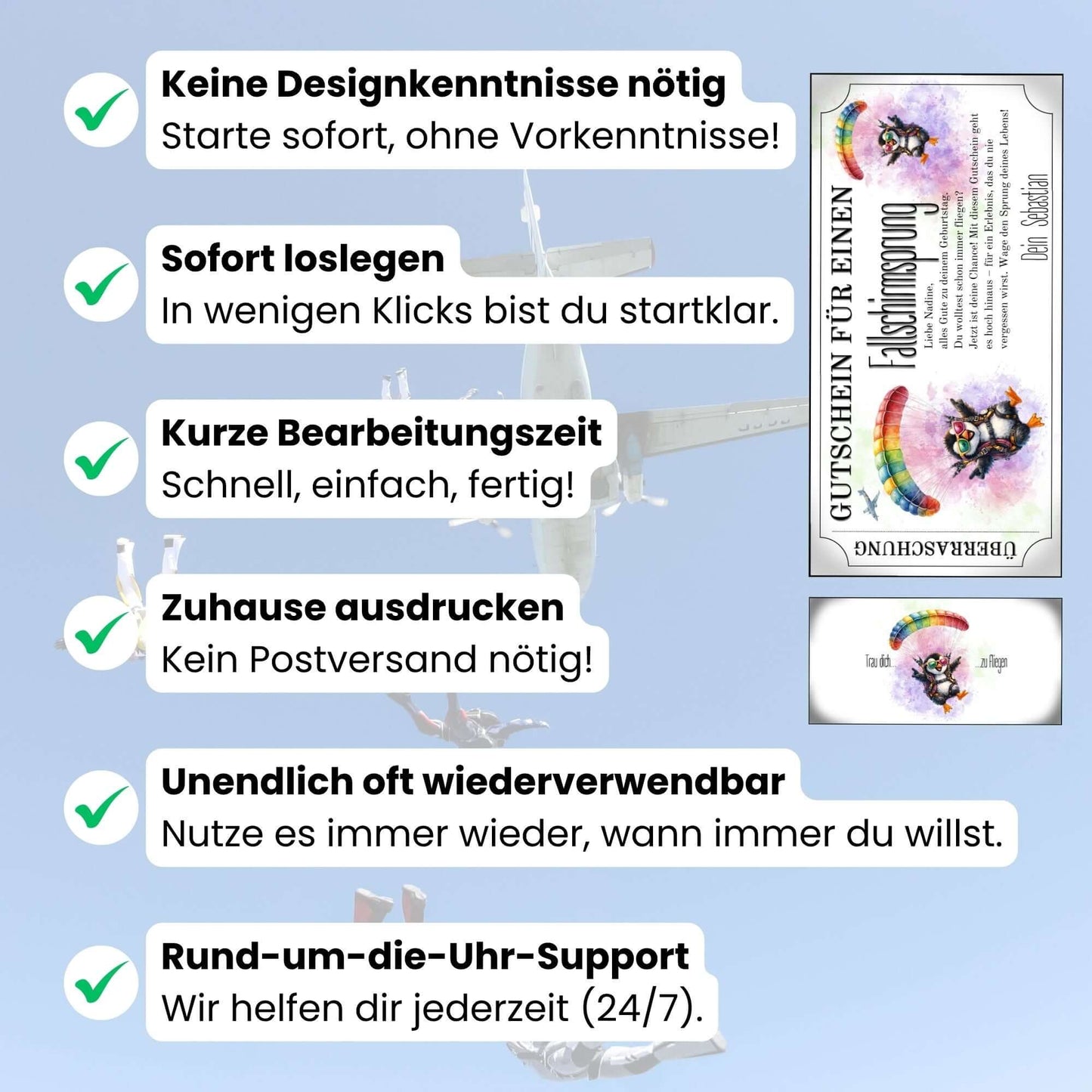 Witziger Fallschirmsprung Gutschein mit springendem Pinguin auf pastellfarbenem Aquarell-Hintergrund