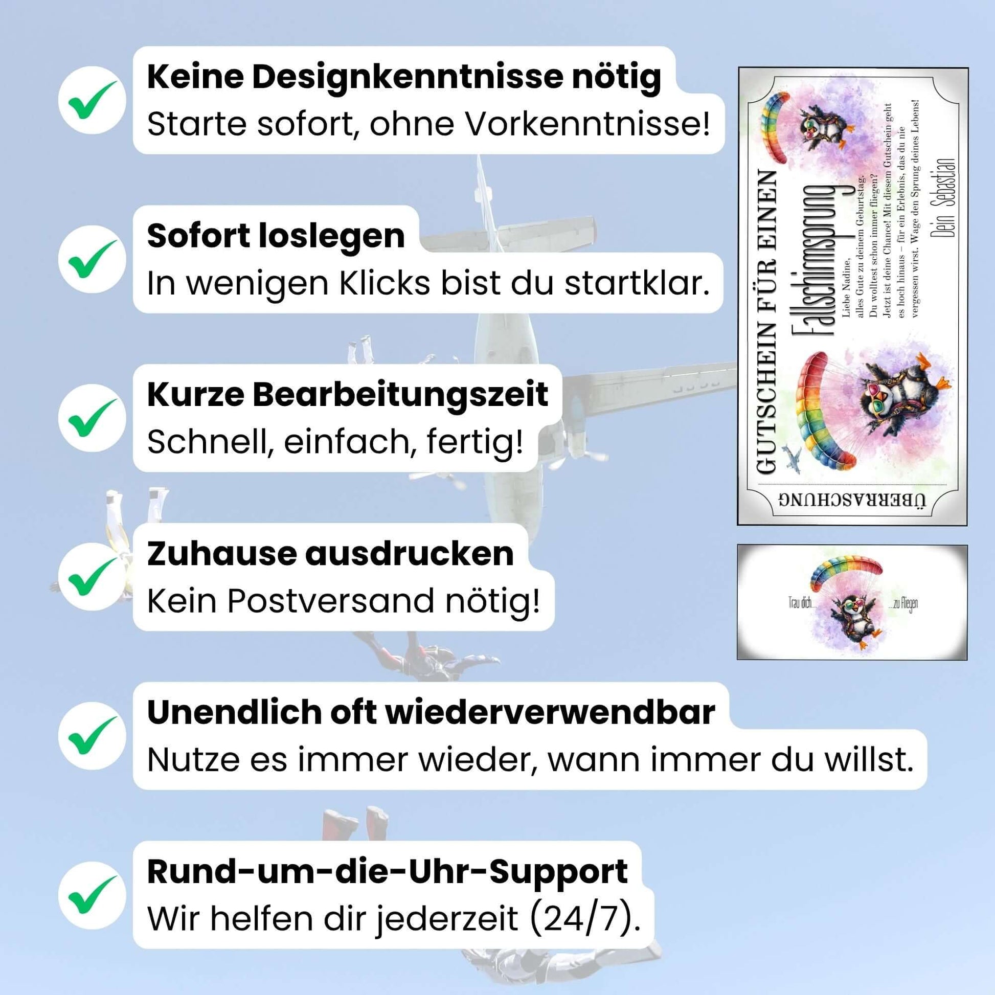 Witziger Fallschirmsprung Gutschein mit springendem Pinguin auf pastellfarbenem Aquarell-Hintergrund