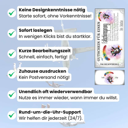 Witziger Fallschirmsprung Gutschein mit springendem Pinguin auf pastellfarbenem Aquarell-Hintergrund