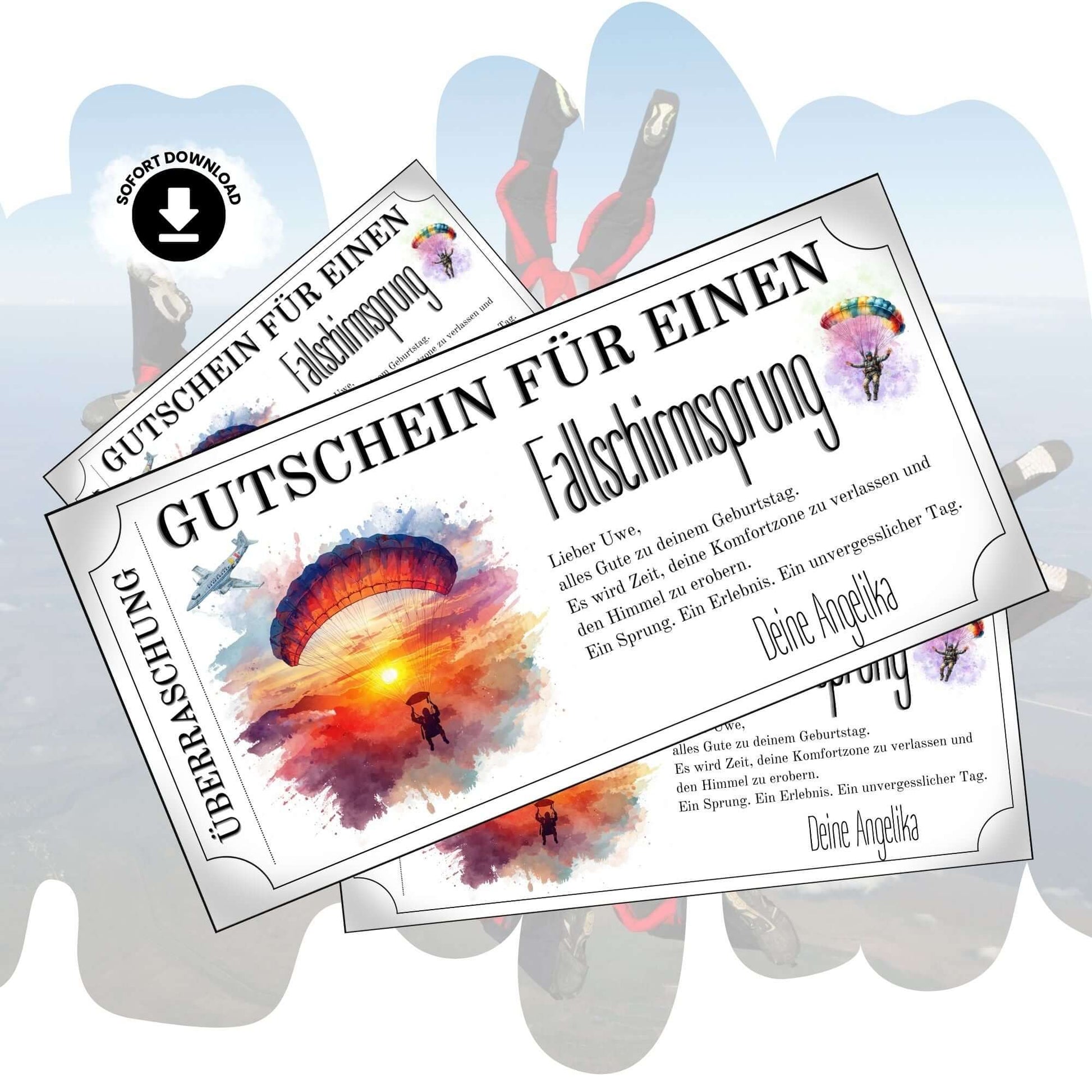 Fallschirmsprung Gutschein Überraschung mit Sonnenuntergang-Aquarell und Springer-Silhouette zum Ausdrucken