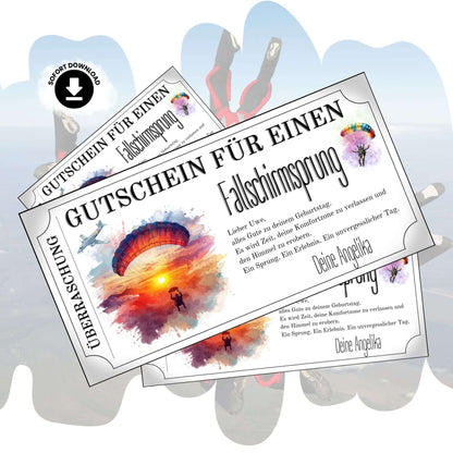 Fallschirmsprung Gutschein Überraschung mit Sonnenuntergang-Aquarell und Springer-Silhouette zum Ausdrucken