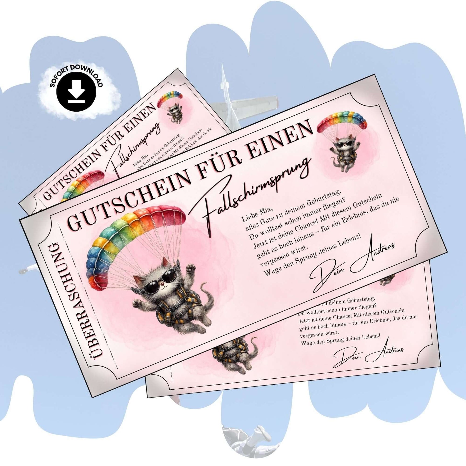 Lustiger Fallschirmsprung Gutschein mit Cartoon-Katze und Sonnenbrille unter Regenbogen-Fallschirm
