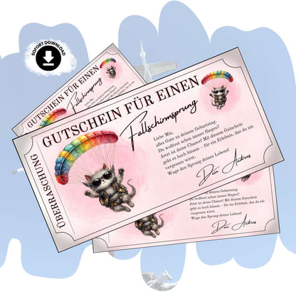 Lustiger Fallschirmsprung Gutschein mit Cartoon-Katze und Sonnenbrille unter Regenbogen-Fallschirm
