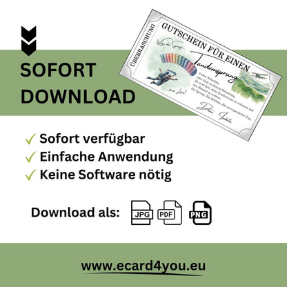 Tandemsprung Gutschein zum Ausdrucken mit Sofortdownload-Option und verschiedenen Download-Formaten.