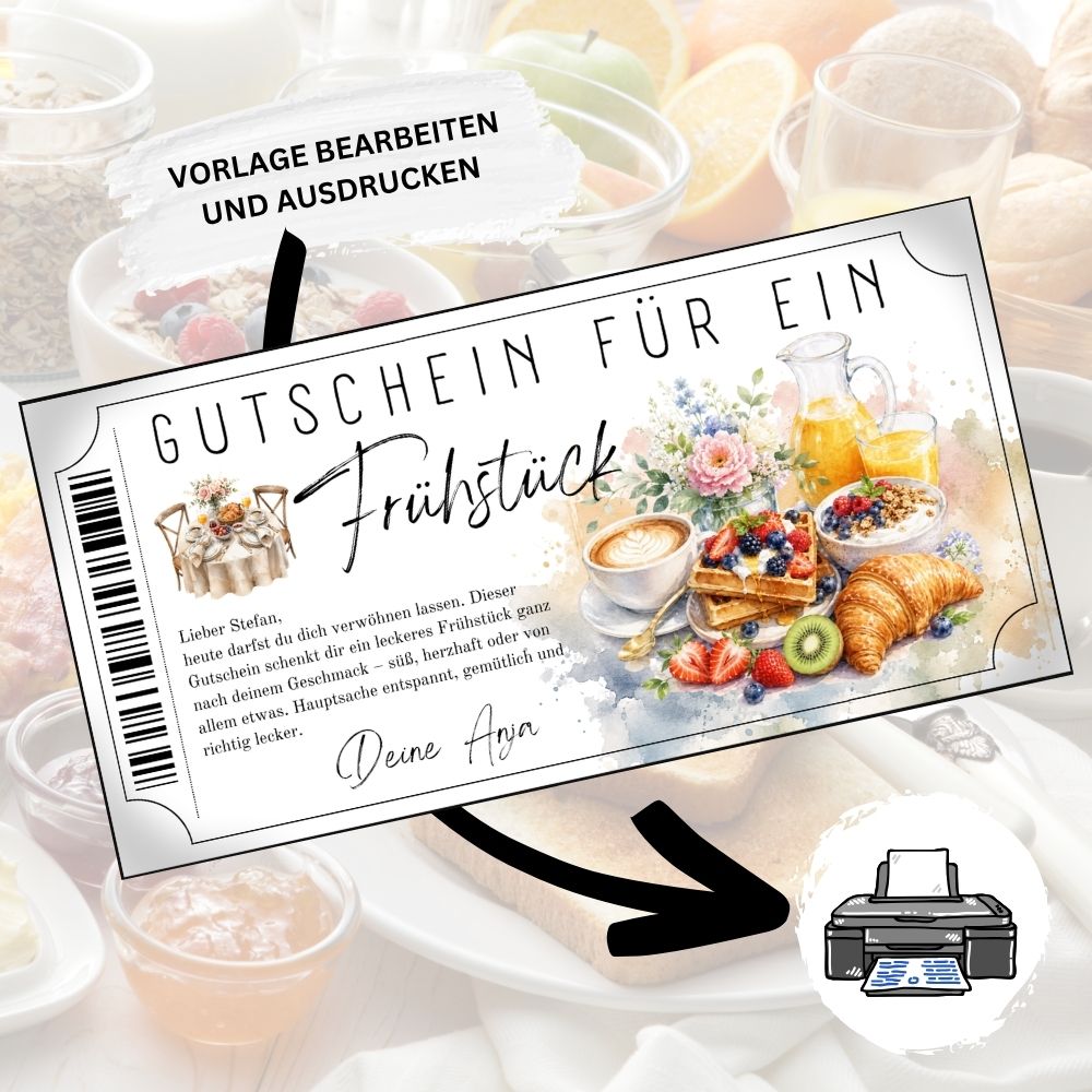 Frühstücksgutschein zum Ausdrucken mit Blattmuster-Latte-Art im Milchkaffee