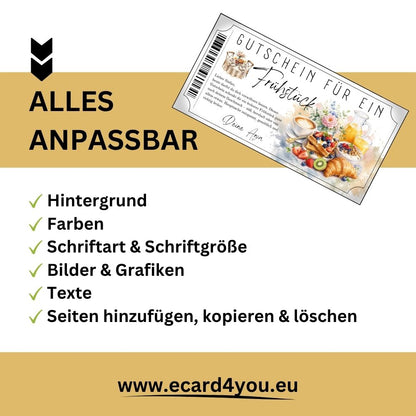 Frühstücksgutschein zum Ausdrucken im Eintrittskarten-Design mit Barcode