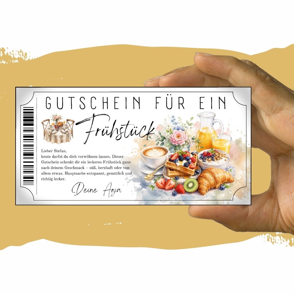Frühstücksgutschein zum Ausdrucken mit Frühlingsblumenstrauß in Vase