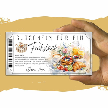 Frühstücksgutschein zum Ausdrucken mit Frühlingsblumenstrauß in Vase