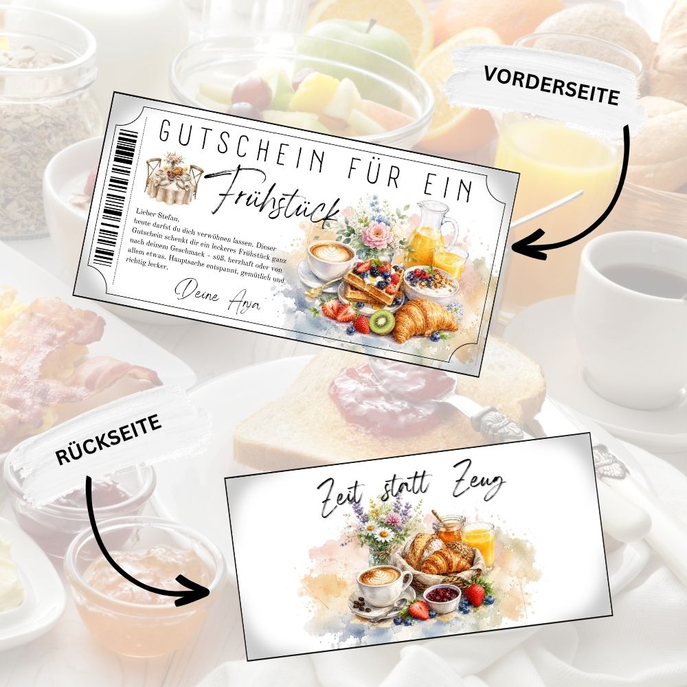 Frühstücksgutschein zum Ausdrucken mit Cappuccino und goldenem Löffel