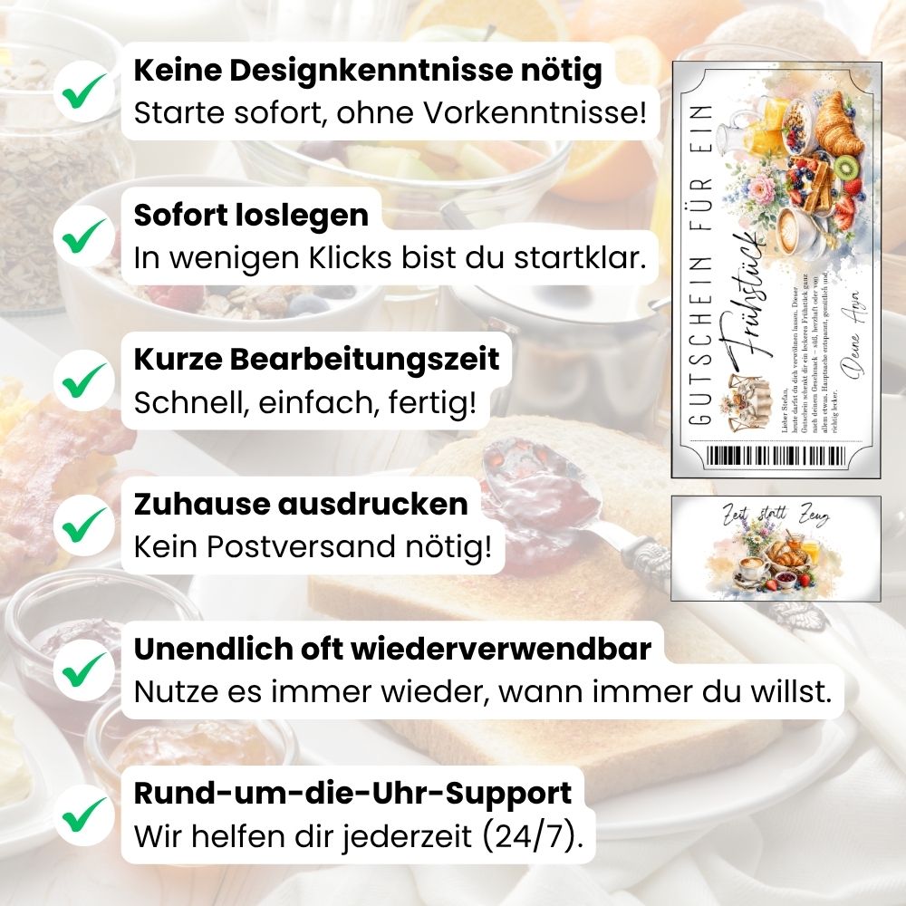 Frühstücksgutschein zum Ausdrucken mit Granola-Beerenschale und Minze