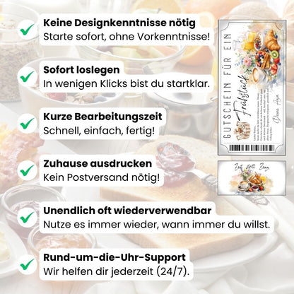 Frühstücksgutschein zum Ausdrucken mit Granola-Beerenschale und Minze