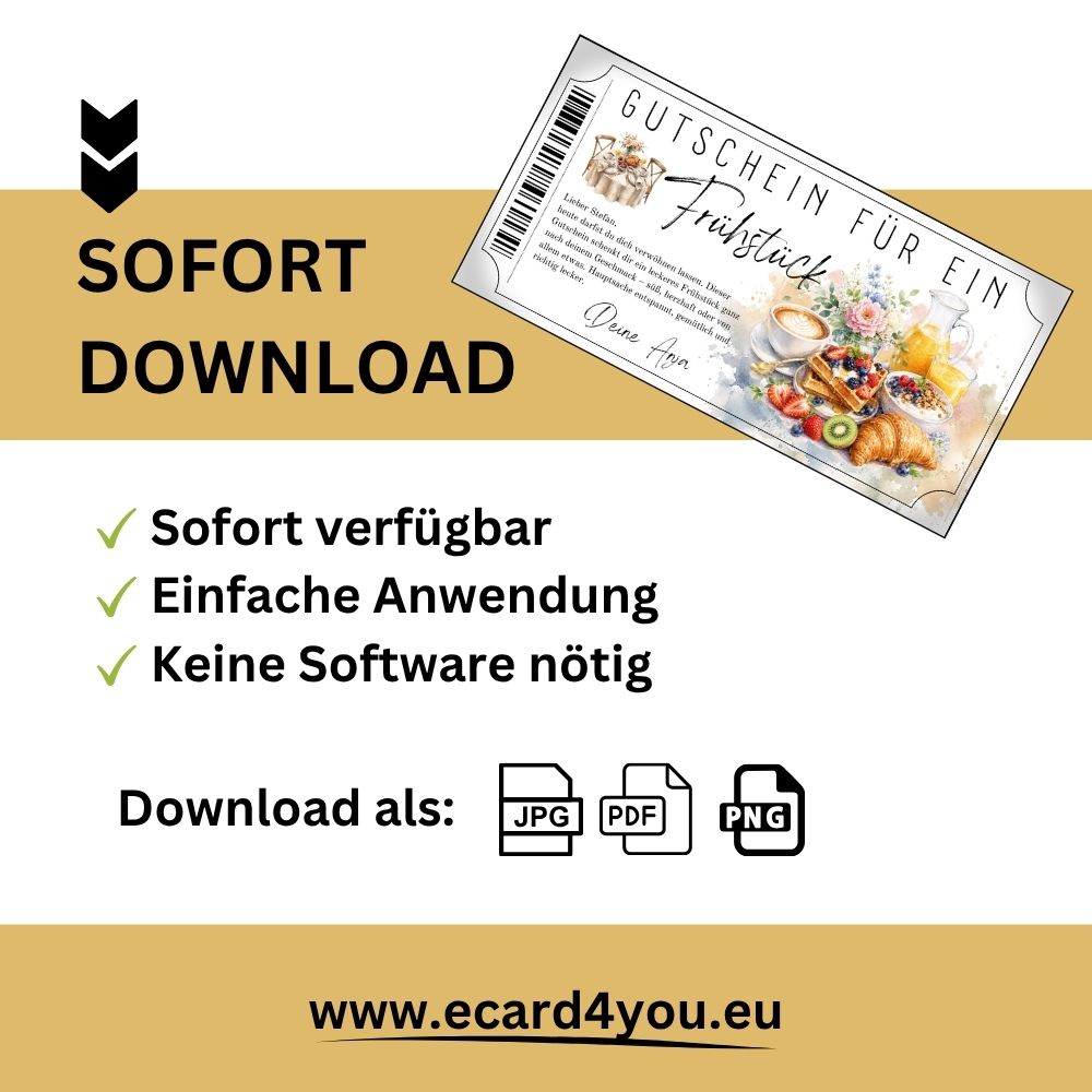 Frühstücksgutschein zum Ausdrucken mit Orangensaftkrug und Glas