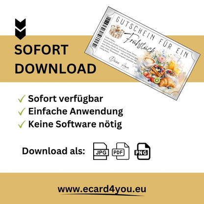 Frühstücksgutschein zum Ausdrucken mit Orangensaftkrug und Glas