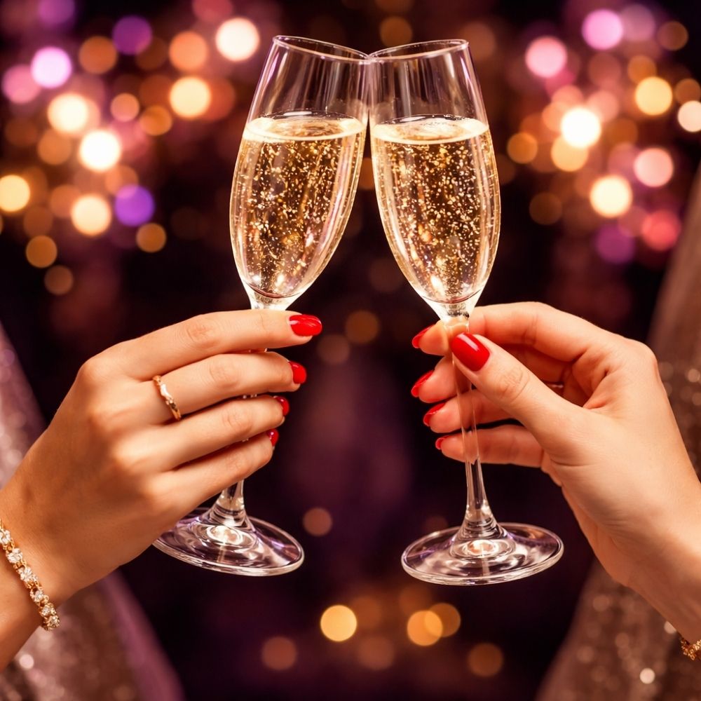 Zwei Frauenhände mit roten Nägeln und Goldschmuck stoßen Sektgläser an vor verschwommenen Partylights in Lila und Pink – Mädelsabend Feststimmung