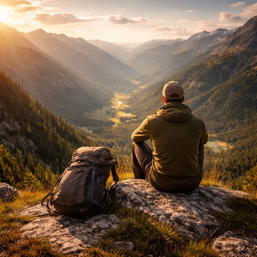 Wanderer auf Berggipfel mit Weitblick – digitaler Natur Gutschein für Outdoor-Erlebnisse gestalten
